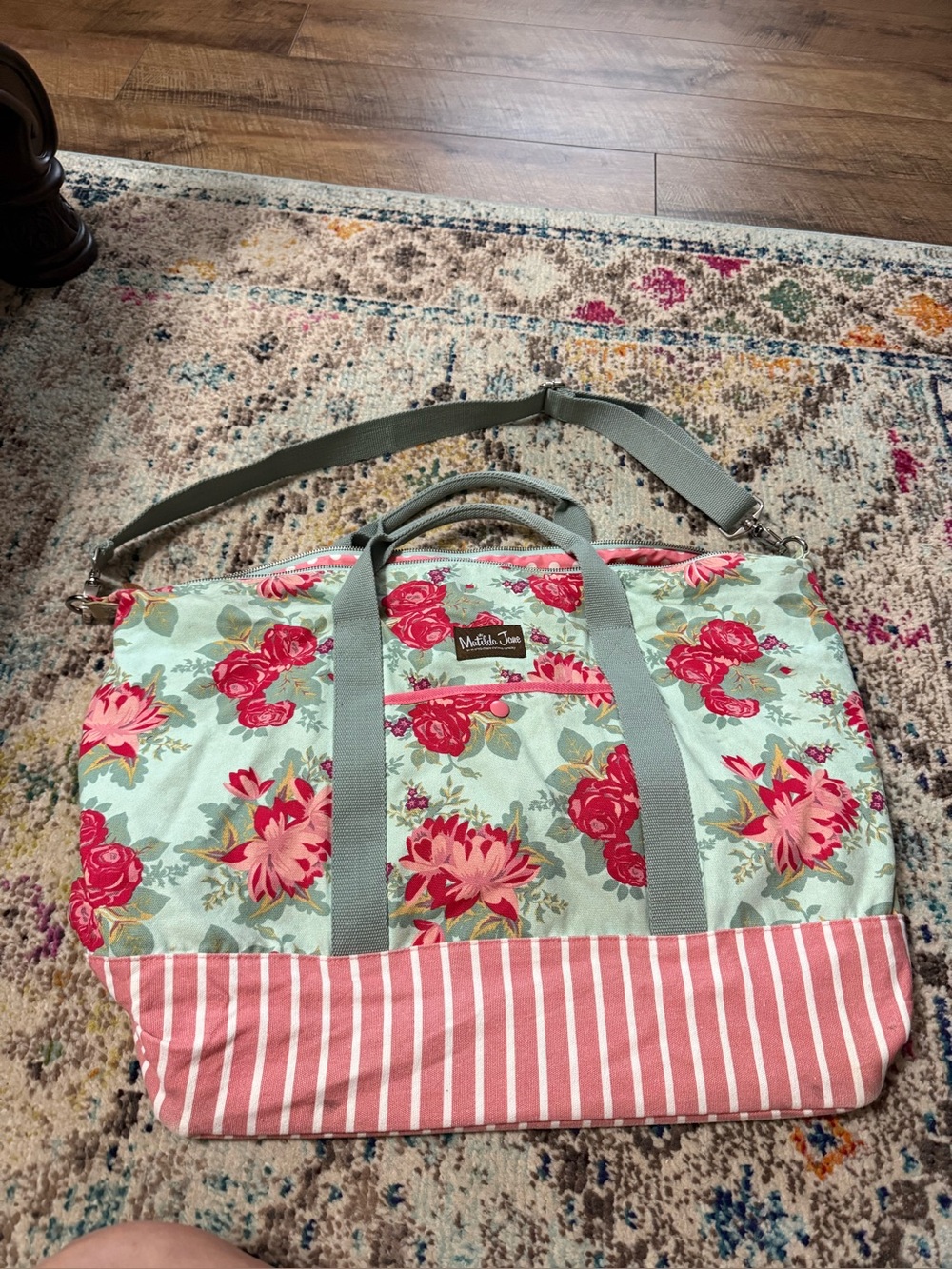 Matilda Jane Run For Roses Floral XL Weekender Travel Duffel in Aqua and Pink